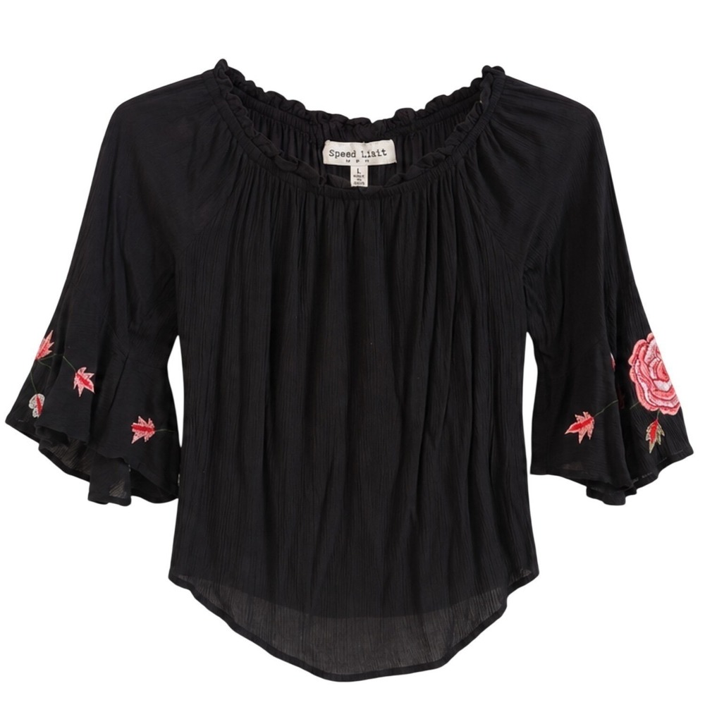 Speed Limit MPH Black Embroidered Rose Bell Sleeve Boho Blouse Top Jr. Lg